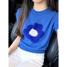 批发克莱因蓝花朵针织t恤女2026夏季小个子独特漂亮超好看显白小上衣