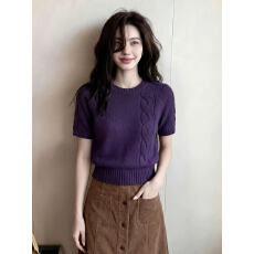 批发韩系紫色麻花短袖针织衫2026早春新款高级感气质套头短款掐腰上衣