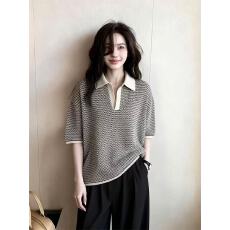 批发法式气质条纹撞色polo领针织短袖女2026春季新款冰丝正肩半袖上衣