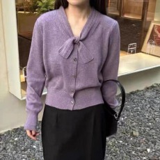 小香风紫色蝴蝶结针织开衫女春秋2026新款慵懒风毛衣短款气质上衣