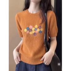 批发独特漂亮巨好看的高端小资小上衣橘色针织冰丝正肩短袖t恤女夏季