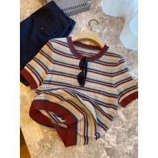 批发彩色镂空天丝麻条纹针织衫女短袖t恤2026新款轻熟小众不撞款上衣