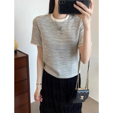 批发细闪烂漫金葱 法式优雅小香风女装重工撞色休闲针织短袖T恤上衣女