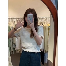 批发小个子镂空短袖针织衫女夏2026年新款设计感小众收腰气质短款上衣