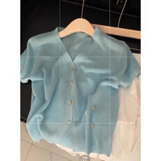 批发韩系洋气高端欧货湖蓝色V领短袖冰丝针织开衫女夏季薄款气质上衣
