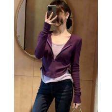 批发优雅别致~韩系温柔风紫色假两件上衣女春季气质绝美显瘦长袖T恤
