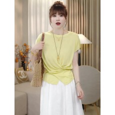 批发圆领冰丝短袖针织衫女2026新款夏季设计感交叉独特别致超好看上衣