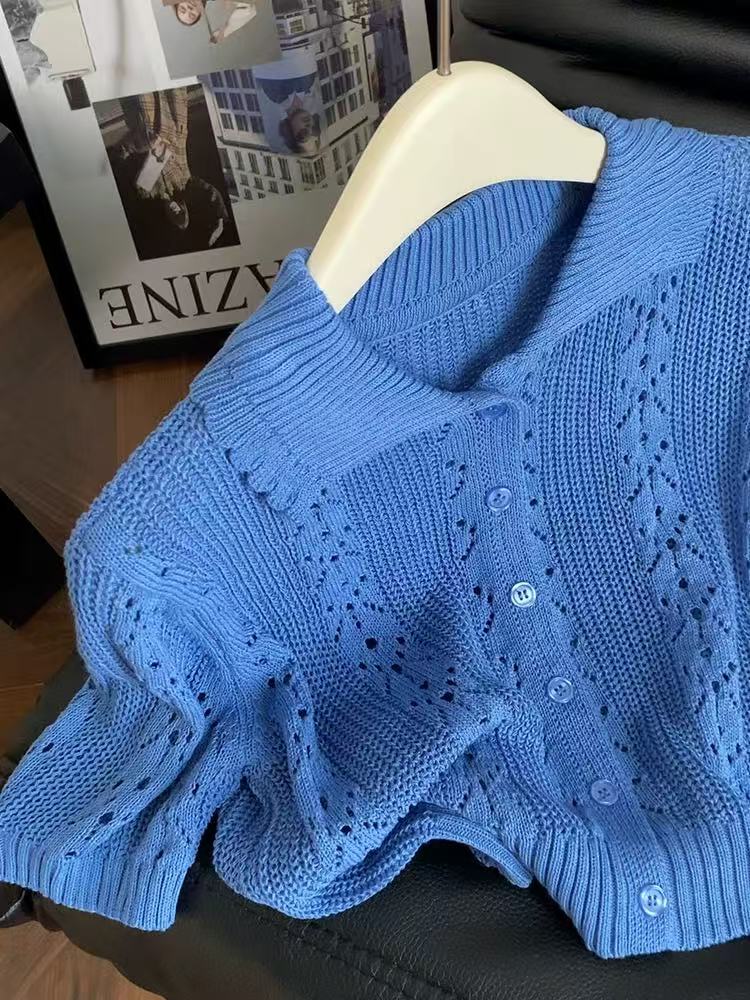 프랑스식 홀로우 아웃 작은 셔츠 톰 글 래 원인 블루 POLO 칼라 니트 얼음 실크 반팔 티셔츠 여성 여름 쇼트 스타일 긍정적 인 어깨 의류