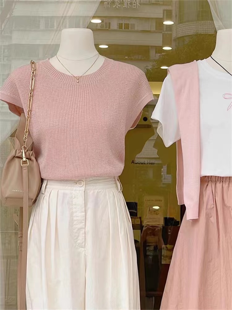 한 부서 고급 센스 디스플레이 화이트 baby 핑크색 니트 맨위 여성 여름 새로운 연령 감소 외국 가스 라운드 넥 날다 소매 티셔츠