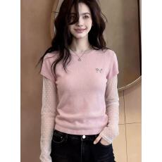 批发粉色网纱假两件针织正肩长袖<b class='q'>t</b><b class='q'>恤</b>女早春修身绝美设计感单穿小上衣