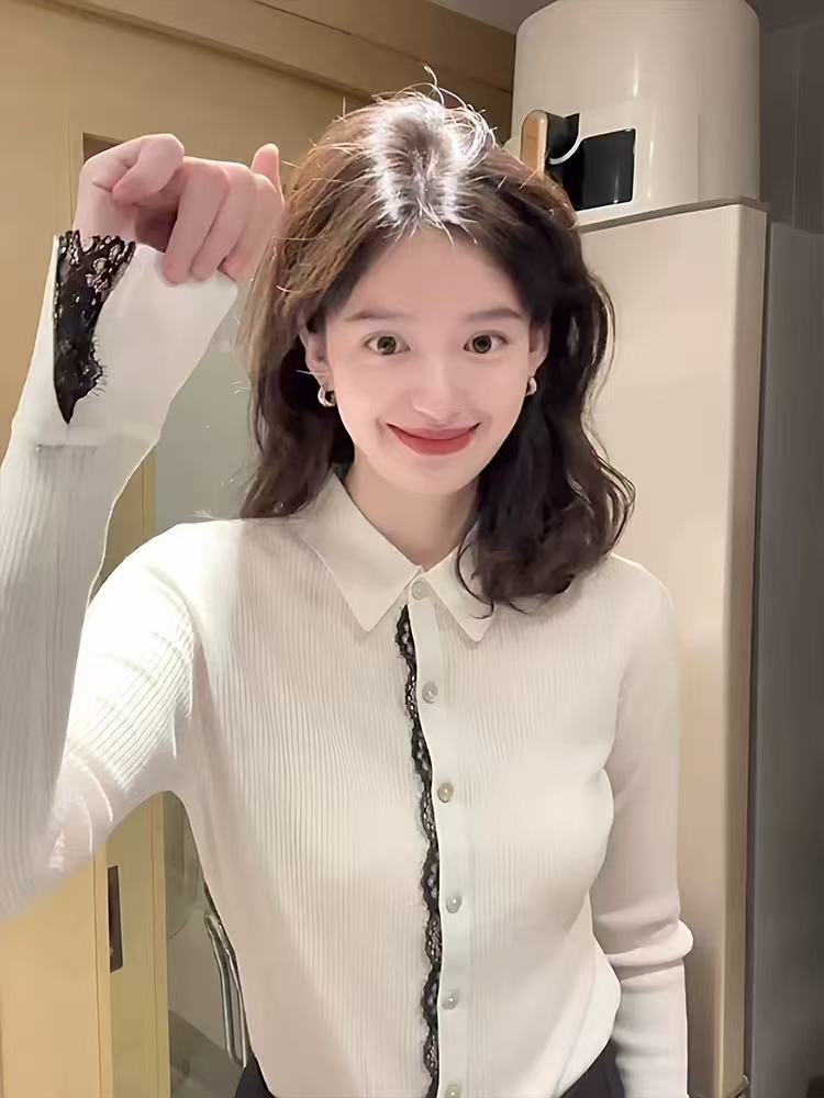 프랑스식 사소한 화이트 레이스 조각 폴로 칼라 니트 오픈 가디건 여성 봄 몸매 가꾸기 다용도 캐주얼 기본 셔츠 맨위