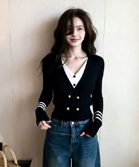봄 한 부서 분위기 센스 착용 잡아라. 의류 고유 한 슈퍼 잘 생긴 몸매 가꾸기 슬림해 보이는 검정색 페이크 레이어드 니트 오픈 가디건 여성