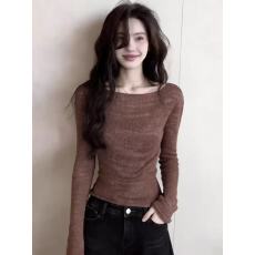 批发极简风时髦洋气休闲棕色长袖针织衫女通勤百搭修身显瘦<b class='q'>打底</b>衫<b class='q'>上衣</b>