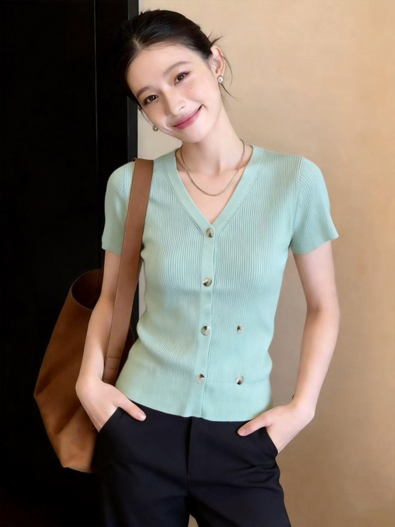 외국 가스 고급 유럽 상품 레이크 블루 색상 V넥 반팔 얼음 실크 니트 오픈 가디건 여성 2026 여름 얇은 스타일 품격 맨위