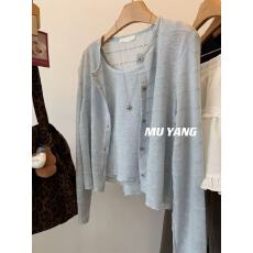 批发MUYANG 香香小公主~温柔优雅竹节纹背心两件套针织<b class='q'>开衫</b>女韩系上衣