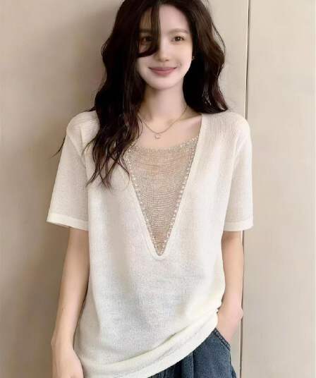 고급 센스 V넥 비즈 홀로우 아웃 반팔 맨위 여성 여름 빅 사이즈 통통한 여동생 빛 요리 한 프랑스식 작은 대중 슬림해 보이는 티셔츠
