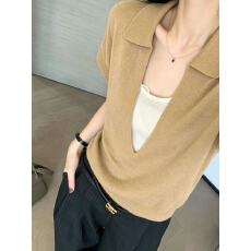 批发老钱风假两件polo领针织短袖t恤女夏季显瘦宽松独特正肩亚麻上衣