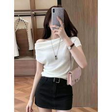 批发法式斜肩一字领冰丝打底针织衫女夏季新款气质巨好看的短袖T恤潮