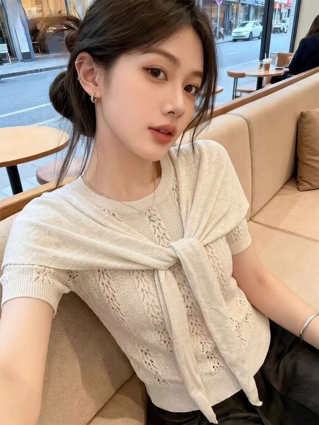 오래된 돈 바람 숄 외부 가져 가라. 홀로우 아웃 니트 스웨터 여성 여름 고급 센스 프랑스식 맨위 고유 한 아름다운 반팔 티셔츠