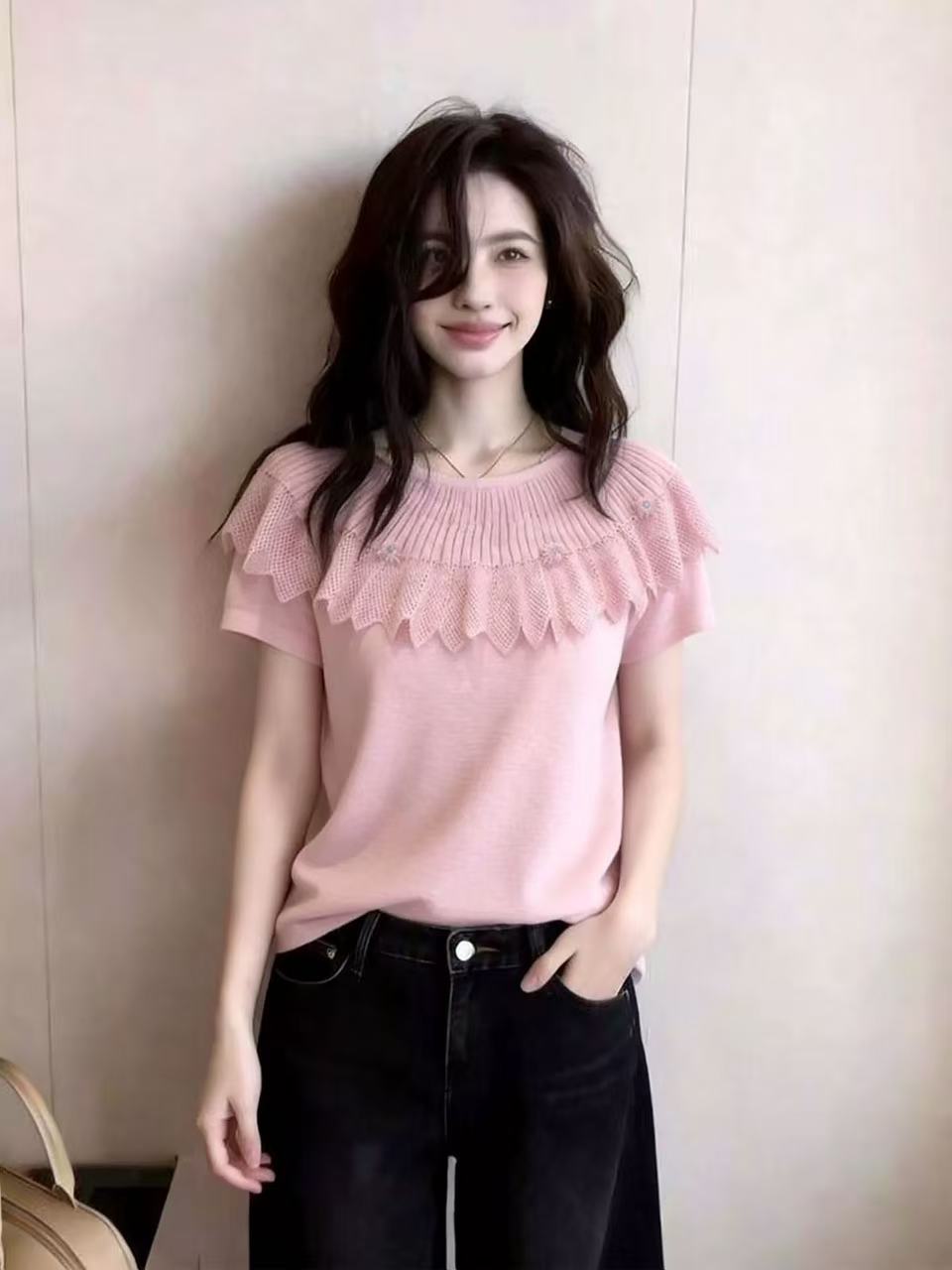 새로운 패션 고급 프랑스식 달콤한 스타일 오프숄더 프릴 니트 스웨터 색상 여성 레저 다용도 출퇴근 맨위