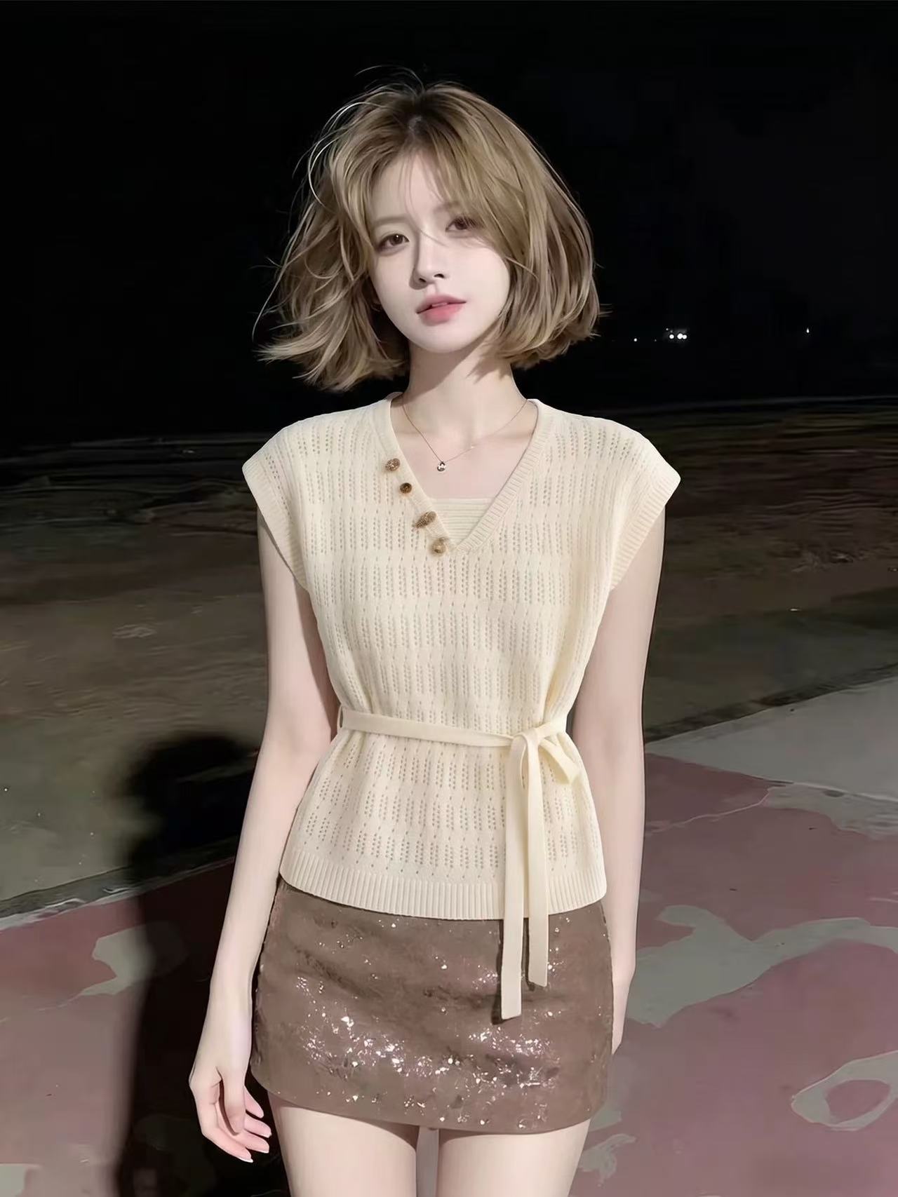 우유 화이트 V넥 스트랩 허리 수축 홀로우 아웃 민소매 티셔츠 여성 2026 새로운 여름 고유 한 아름다운 휴가 바람 맨위