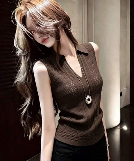 고급 센스 우아함 바람 커피 색상 POLO 칼라 민소매 니트 조끼 여성 여름 새로운 미니멀리즘 다용도 몸매 가꾸기 맨위