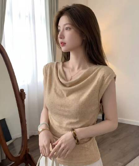 한 부서 작은 대중 고유 한 흔들다 칼라 홀로우 아웃 니트 티셔츠 여성 2026 여름 새로운 캐주얼 느긋한 민소매 ins 맨위