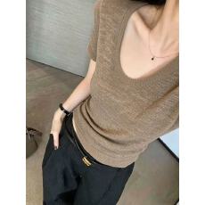 批发老钱风亚麻U领短袖针织t恤女<b class='q'>夏</b>季高级感修身显瘦体恤休闲正肩上衣