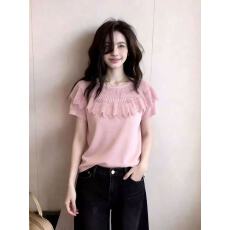 批发新款时尚高级法式甜美风一字肩荷叶边针织衫色女休闲百搭通勤上衣