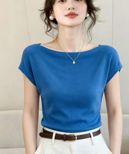 유럽 상품 선박 유형 칼라 디자인 파란색 티셔츠 여성 여름 새로운 출퇴근 슬림해 보이는 몸매 가꾸기 반팔 단색 풀오버 맨위