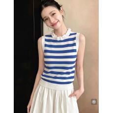 批发小个子蓝色<b class='q'>条纹</b>木耳花边无袖吊带背心女夏季外穿绝美修身短款上衣