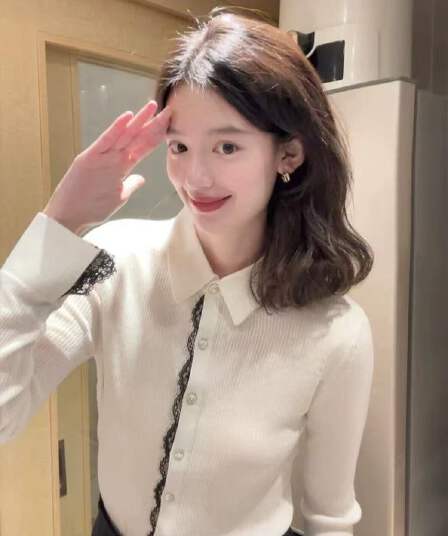 레이스 레이스 POLO 칼라 긴팔 니트 스웨터 여성 2026 이른 가을 새로운 디자인 센스 고유 한 오픈 가디건 외출용 맨위