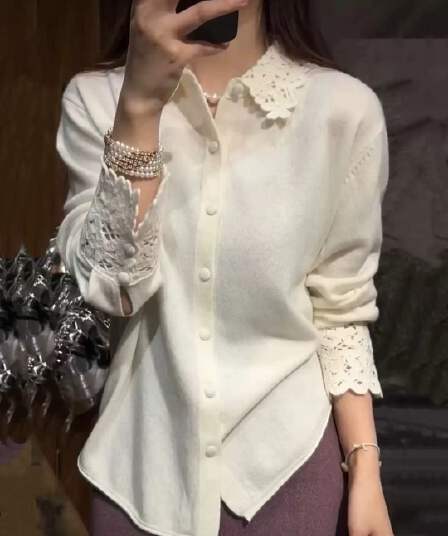 유럽 상품 2026 가을 겨울 새로운 폴로 칼라 홀로우 아웃 자수 니트 오픈 가디건 여성 레저 연령 감소 다용도 양모 양모 스웨터
