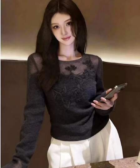 프랑스식 캐주얼 섹시함 바람 회색 맨위 여성 밝은 눈 착용 가져 가라. 루즈핏 슬림해 보이는 시스루 맨위 다용도 2026 가을