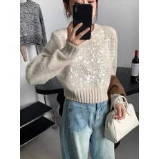 法式亮片针织衫上衣女2026秋冬新款慵懒风套头圆领超好看短款毛衣