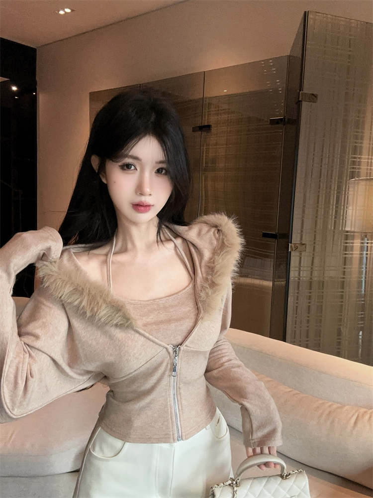 실사 한 부서 후드 모피 칼라 니트 스웨터 새로운 패션 다용도 슬림해 보이는 지퍼 오픈 가디건 맨위 투피스 세트