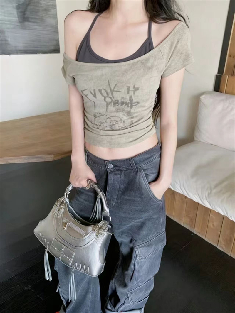 실사 여름 새로운 오리지널 작은 대중 디자인 아메리칸 레트로 핫걸 오프숄더 반팔 맨위 여성 외국 가스