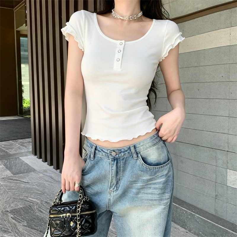 실사 대 u 칼라 프릴 반팔 티셔츠 여성 순수한 욕망 핫걸 바람 쇼트 스타일 슬림해 보이는 다용도 작은 날다 소매 맨위