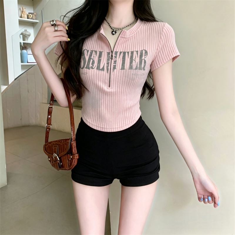 실사 미니멀리즘 디자인 센스 지퍼 폴로 칼라 반팔 티셔츠 여성 여름 몸매 가꾸기 슬림해 보이는 알파벳 프린트 다용도 맨위