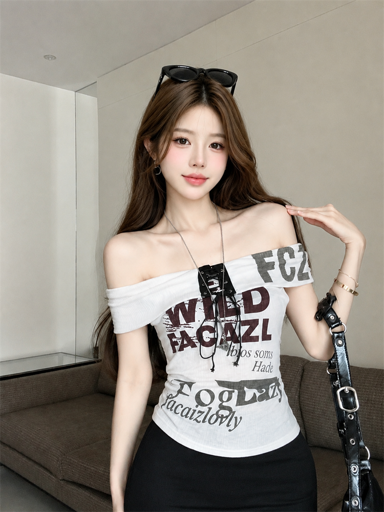 실사 아메리칸 핫걸 알파벳 프린트 오프숄더 반팔 티셔츠 여성 여름 몸매 가꾸기 스트랩 오프숄더 맨위 트렌디