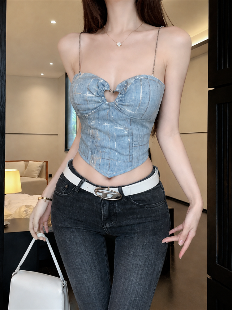 실사 여름 새로운 핫걸 체인 하트 홀로우 아웃 캐미솔 몸매 가꾸기 스트랩 백리스 맨위