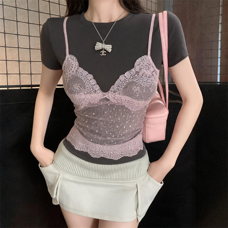 BY29389# 假两件蕾丝T恤女夏季漂亮修身上衣  服裝批發女裝批發服飾貨源