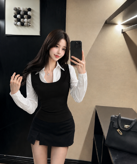 실사 이른 가을 새로운 긴팔 몸매 가꾸기 슬림해 보이는 페이크 레이어드 디자인 센스 셔츠