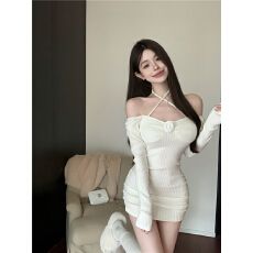 批发实拍实价 纯欲小香风花朵系带毛衣裙显白修身抽褶包臀针织连衣裙