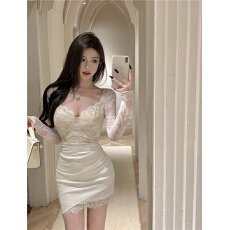 批发实拍实价 复古V领睫毛蕾丝收腰不规则包臀连衣裙<b class='q'>修身</b>显瘦短裙子