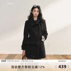 批发原创黑色毛呢外套秋冬款双排扣高级可拆卸下摆呢子<b class='q'>大</b>衣