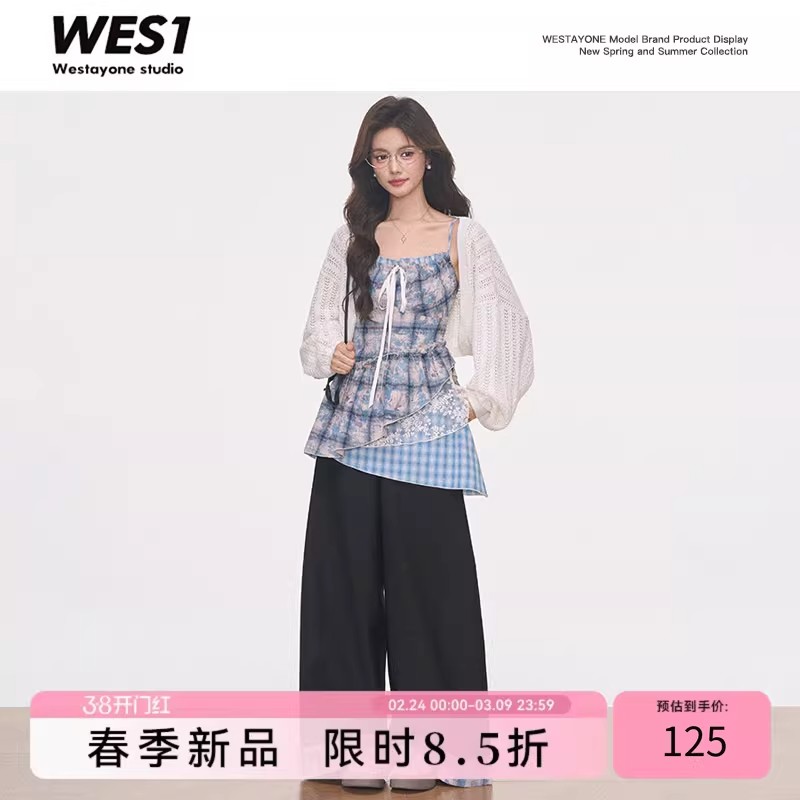 신제품 westayone 외부 가져 가라. 홀로우 아웃 블라우스 여름 새로운 체크무늬 슬립 드레스 맨위 와이드 레그 팬츠