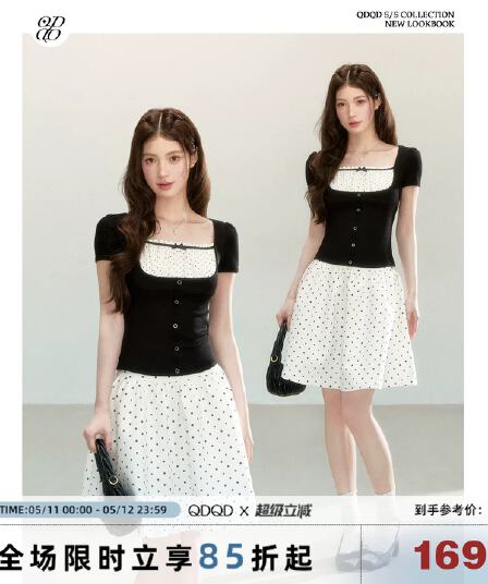 qdqd 달콤한 차가운 학원 스타일 높음 폭탄 니트 패치워크 도트 무늬 반팔 여름 새로운 허리 수축 슬림해 보이는 검정색 티셔츠