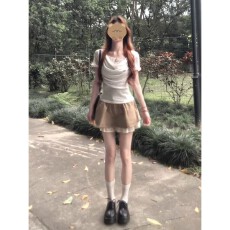 批发ELEVEN SLEEP夏季薄款假两件短袖t恤女士小众设计感<b class='q'>蕾丝</b>荡领上衣