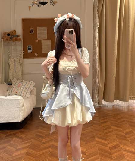 직물 돼지 바다 소금 코코넛 코코넛 부드러운 부서 광장 칼라 거품 소매 패치워크 여성 드레스 여름 자카드 허리 수축 미니 스커트